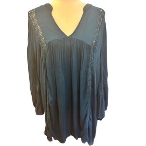 Boho Tunic Top, Blue Long Sleeve‎ Peasant Blouse with Lace Trim, Flowy
